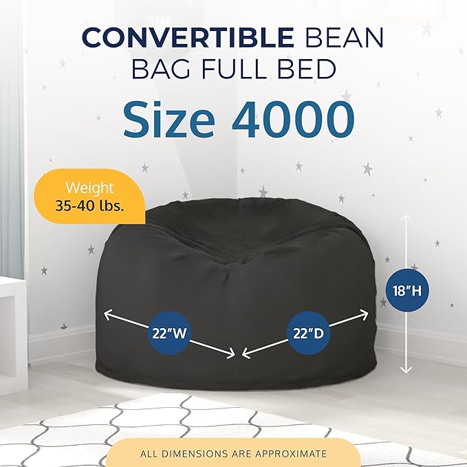 ULTIMATE SACK 4000 4-Foot Bean Bag Chair with Footstool, Charcoal Fur Cover – Oversized Foam Lounger, Floor Seat, Small Sofa, or Couch Bed for Living Area, Gaming Room, or Reading Lounge