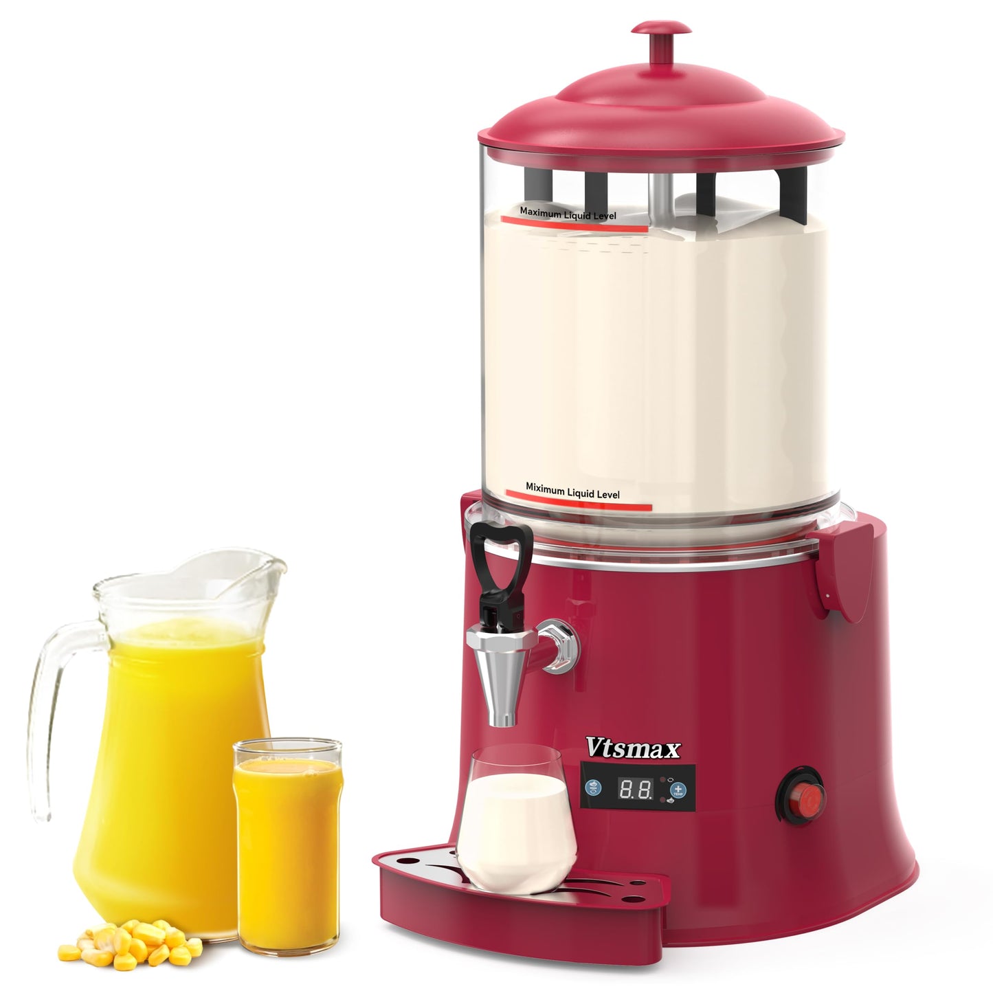 Vtsmax 10L/2.6Gal Commercial Hot Chocolate Machine Hot Drink Dispenser, 86-194°F Intelligent Temperature Control Hot Beverage Maker for Chocolate, Cocoa, Milk, Coffee, Juice, Red