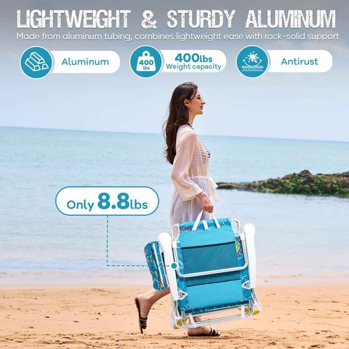 Old Bahama Bay Backpack Beach Chair, Aluminum Lightweight Reclining 5-Position Lounge Chair for Adults Heavy Duty Support 400 LBS Portable Folding with Cooler Bag Camping Chair for Sand Outdoor