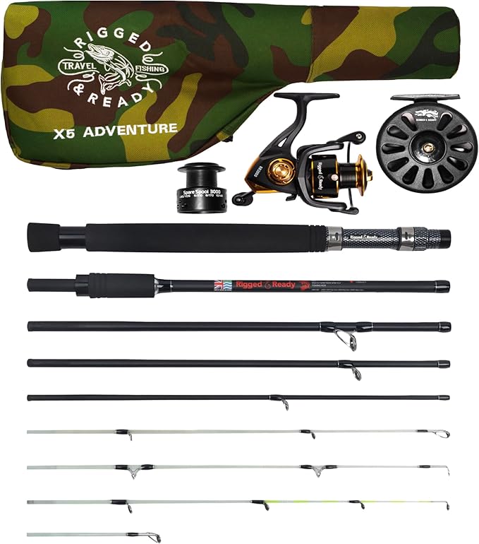 Rigged & Ready X Series Travel Fishing Rods. 6 Super Compact, Multi-Functional, Portable, Spinning, Bass, Carp, Lure, Floa...