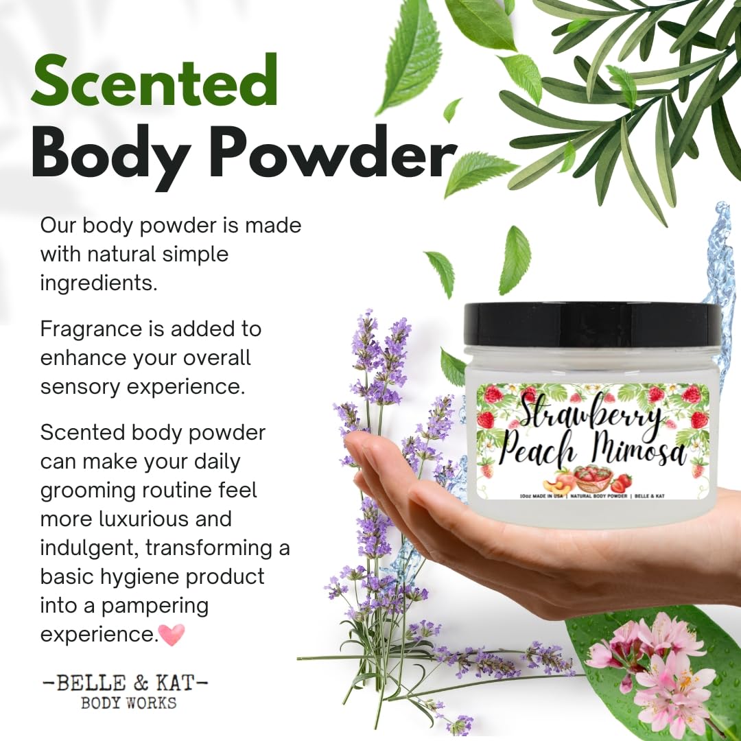 Body Powder for Women & Men Scented Strawberry Peach Mimosa, Perfume Dusting Powder, Bath Powder with Fragrance & Essential Oils, Talc Free, 8oz Container, Made in USA