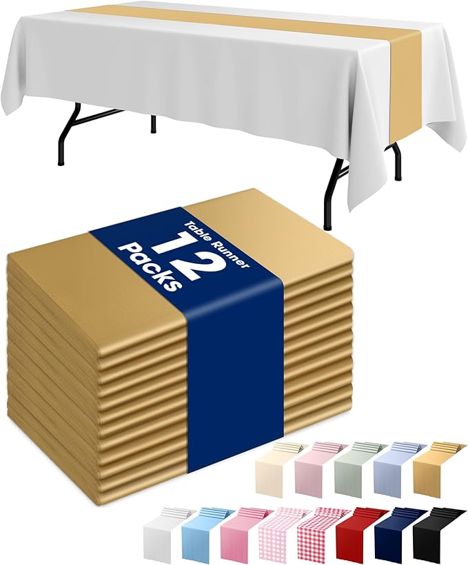 Pureegg Gold Plastic Table Runners - 12 Pack, 14'' x 108'', Water Resistant & Disposable Centerpiece Decorations for Table...