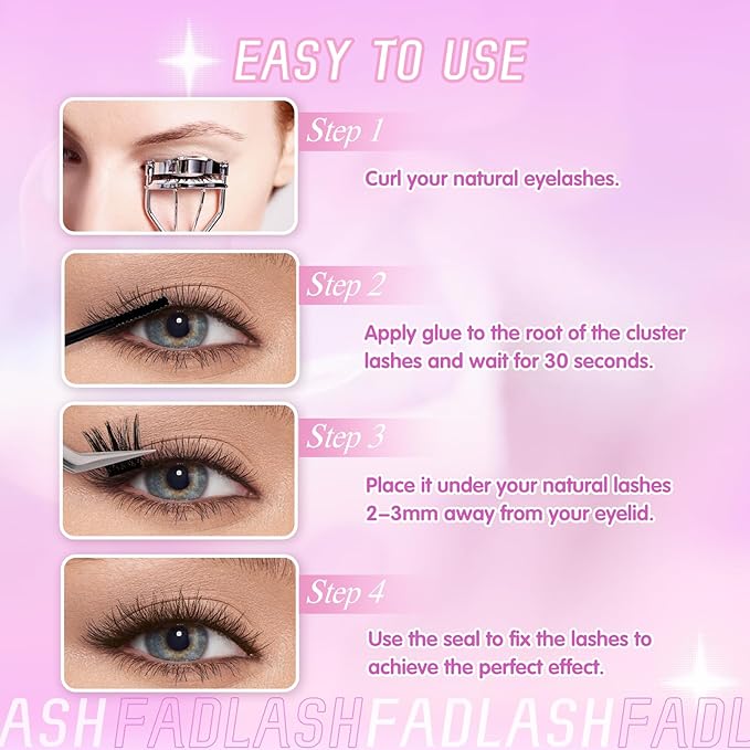 FADLASH Lash Clusters Natural Eyelash Clusters 8-16mm DIY D Curl Cluster Eyelash Extensions with Soft Thin Band Reusable Individual Lashes for Self Use (W33, 10-16mm)
