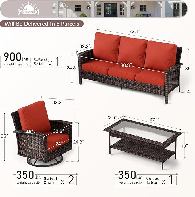 SUNSHINE VALLEY Patio Furniture Set with Swivel Chairs, High Back Wicker Rattan Furniture with 5.5" Thick Cushions and Coffee Table, Outdoor Conversation Set for Backyard Deck, 5 Seats, Red
