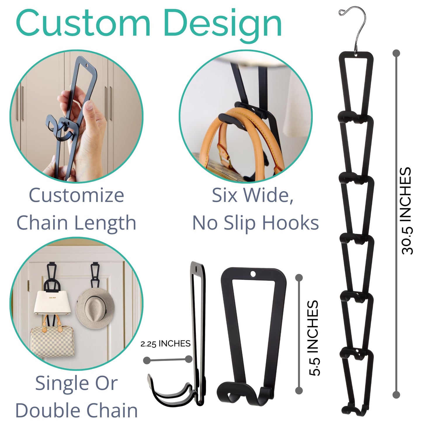 TERRA HOME Purse Hanger Closet Organizer Improved Design Bag Chain Hooks for Wall - Compact, Efficient Storage Solution for Bags, Purses, More as Over The Door, in Your Closett or Wall Mount