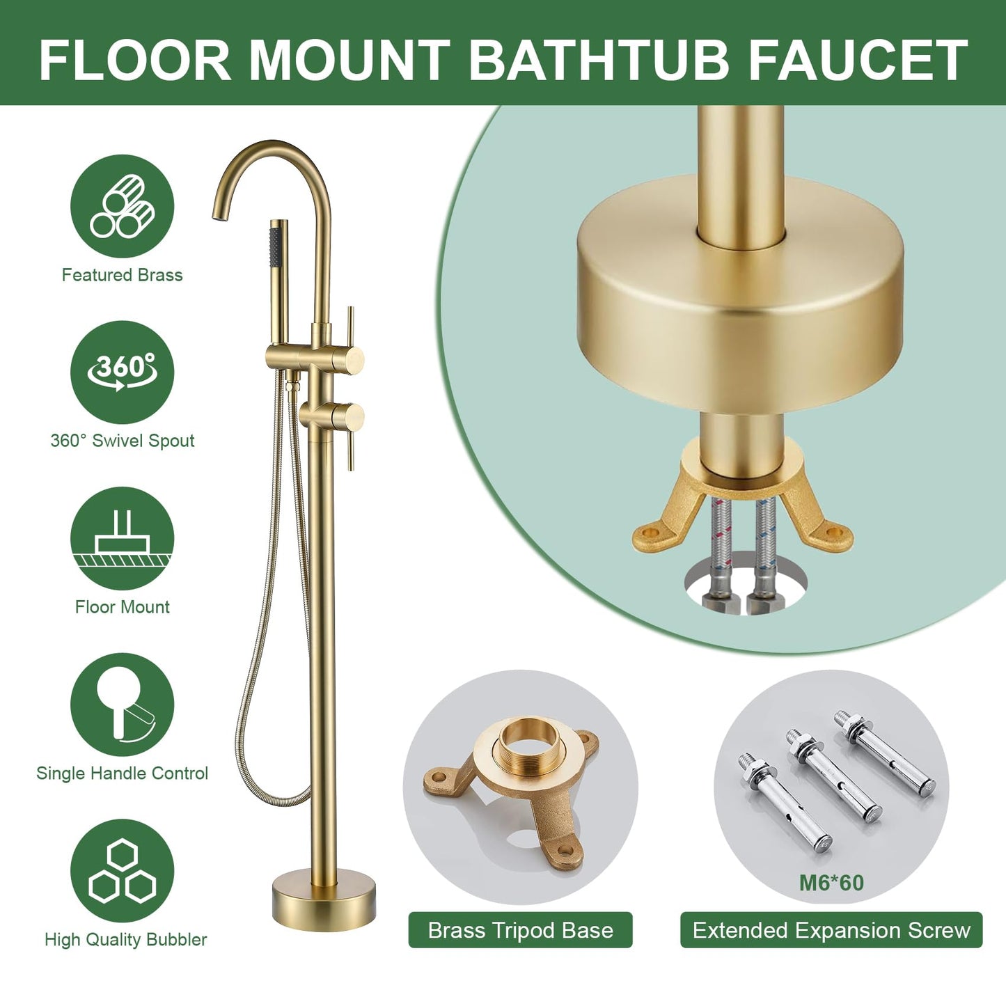 Taplong Brushed Gold Free Standing Tub Faucet Freestanding Bathtub Faucet with Handheld Sprayer, Floor Mount Tub Filler, Shower Tub Faucet Set Complete, Bathtub Faucet with Shower-51005BG