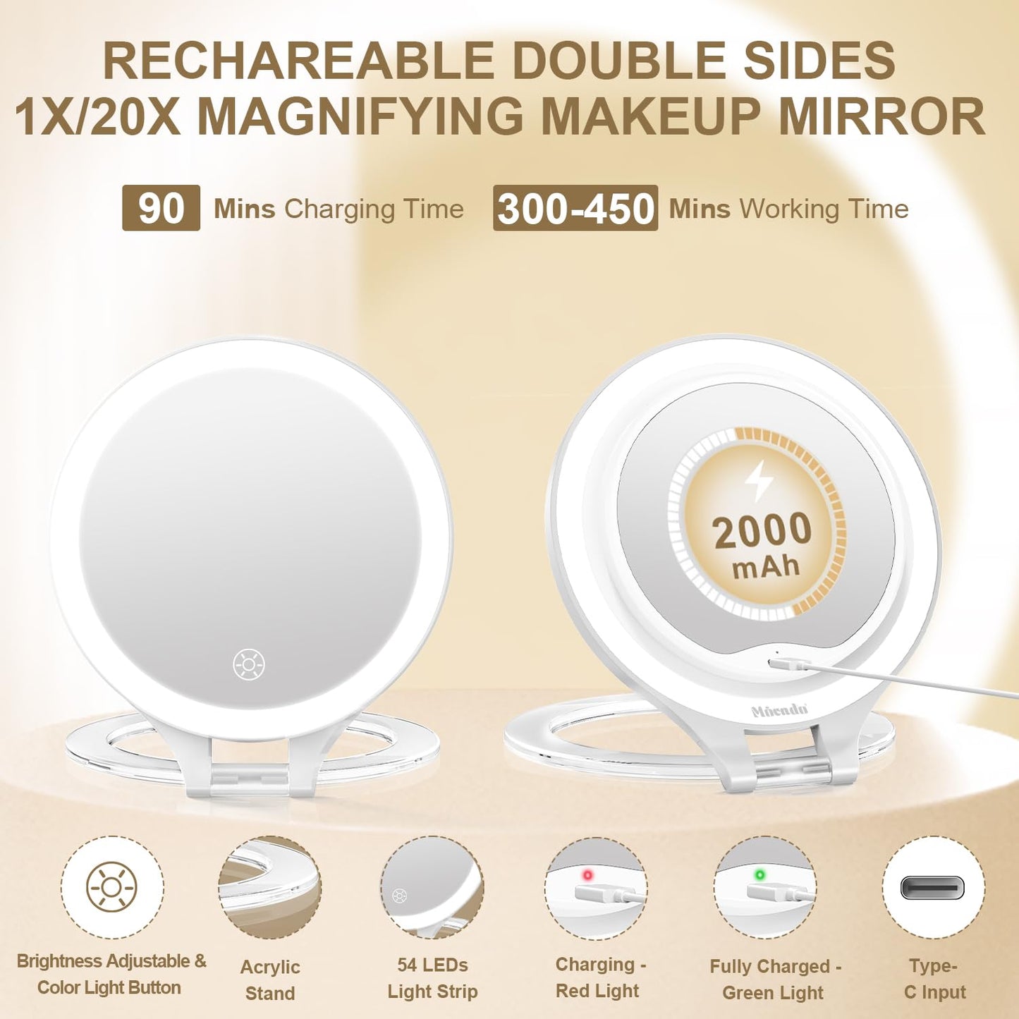 Mocado Travel Makeup Mirror with Light, 1X/20X Magnifying Mirror with Light, Double Sides Travel Mirror with 3 Color Light, Dimm