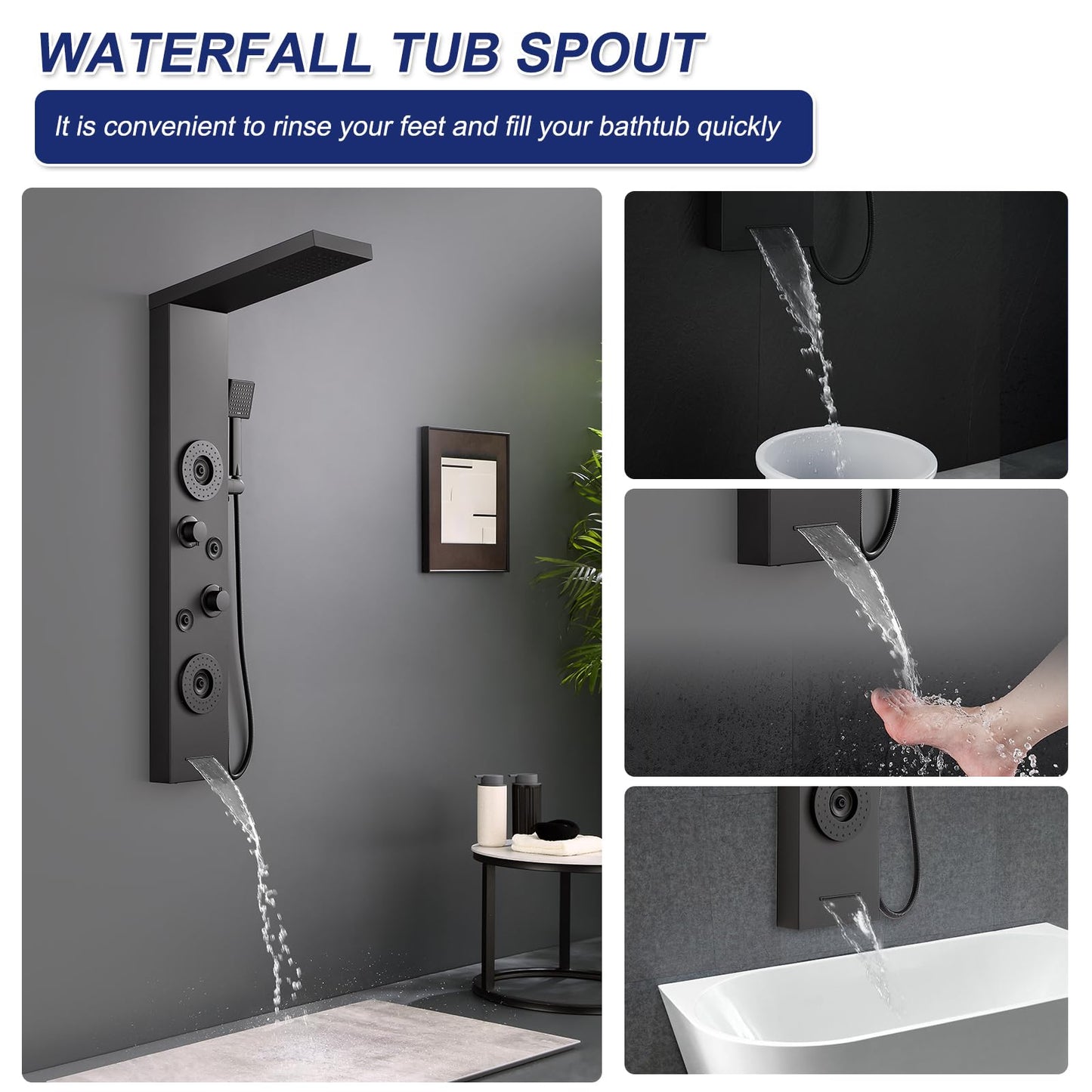 ROVATE Shower Panel Tower System with Rainfall Shower, Elegant Matte Black Shower Tower with Powerful Body Massage Jets, Handheld and Tub Spout, Stainless Steel Shower Column High Pressure