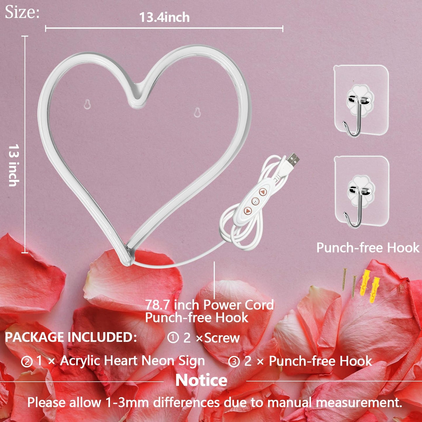Pink Heart Neon Sign, Neon Heart Light for Wall Decor, Love Hearts LED Light up Sign 13.4×13 Inch Dimmable USB Powered Romantic Light Sign for Bedroom Valentine's Kids Room Wedding Party Decoration