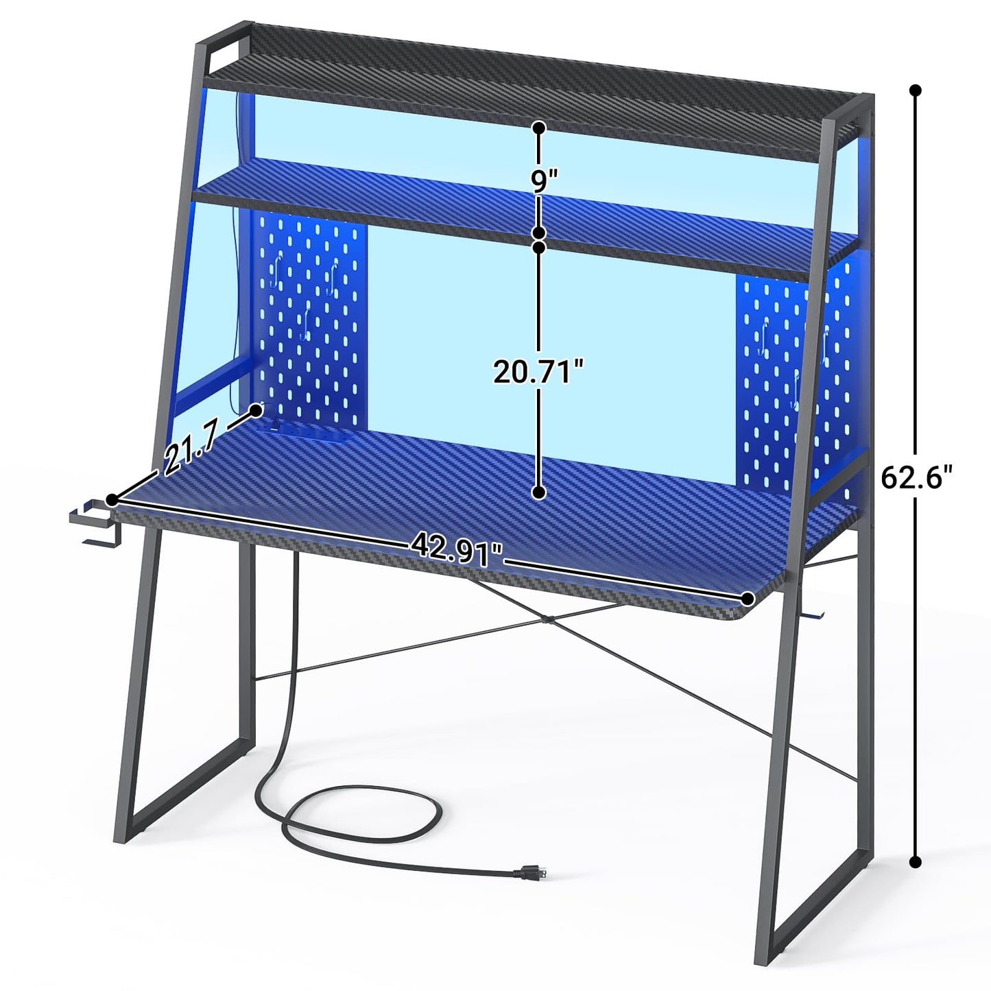 Besiost Small Gaming Desk with Hutch and LED Lights, Gaming Computer Desk with Power Outlets, Gamer Desk with Storage Shelves, Game Desks with Pegboards for Bedroom Small Spaces, Black, 43"