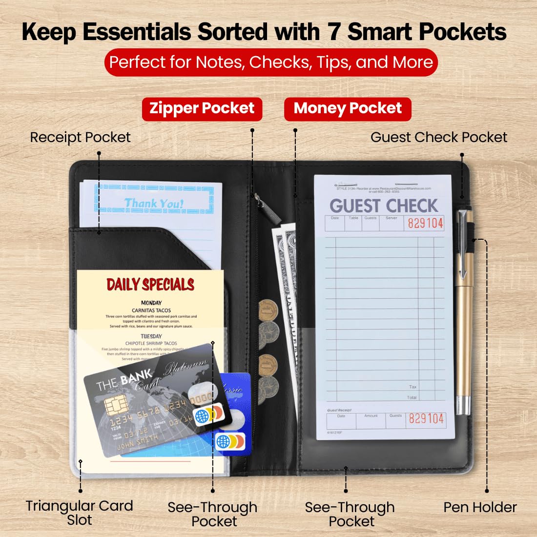 LINTRU Server Book, Reinforced & Durable Server Books for Waitress, Polished & Professional Waitress Book, Organized & Functional Serving Book, Waitress Accessories for Restaurants, Cafes, and Bars