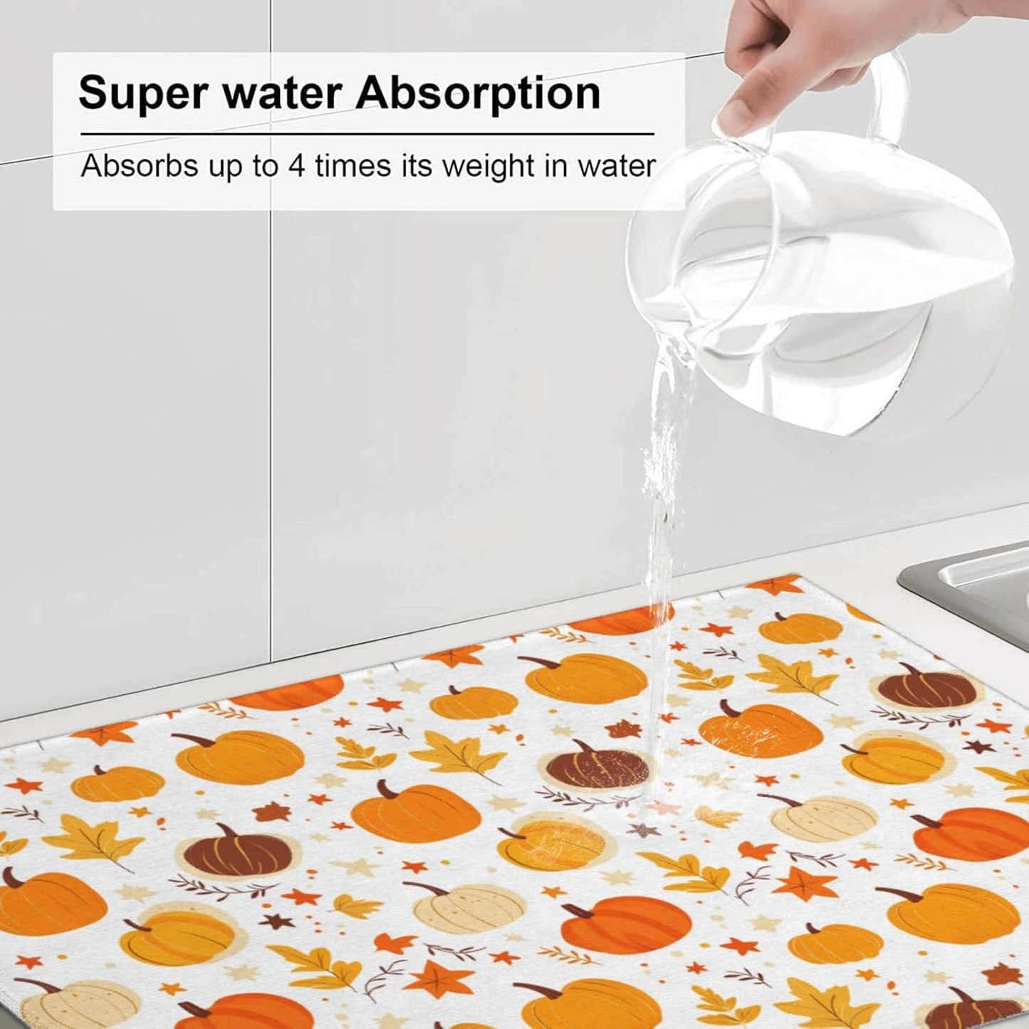 Dish Drying Mat for Kitchen Pumpkin Leaf Fall Thanksgiving Counter Absorbent Dishes Drainer Microfiber Large 18x24 Inch