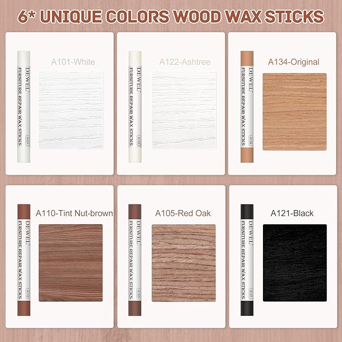 DEWEL Wood Filler Sticks, 6 Colors Wood Crayons for Scratches, Wood Floor Repair Wax Filler Sticks, Furniture Scratch Repair Crayons Kit for Wood Holes, Scratches, Table