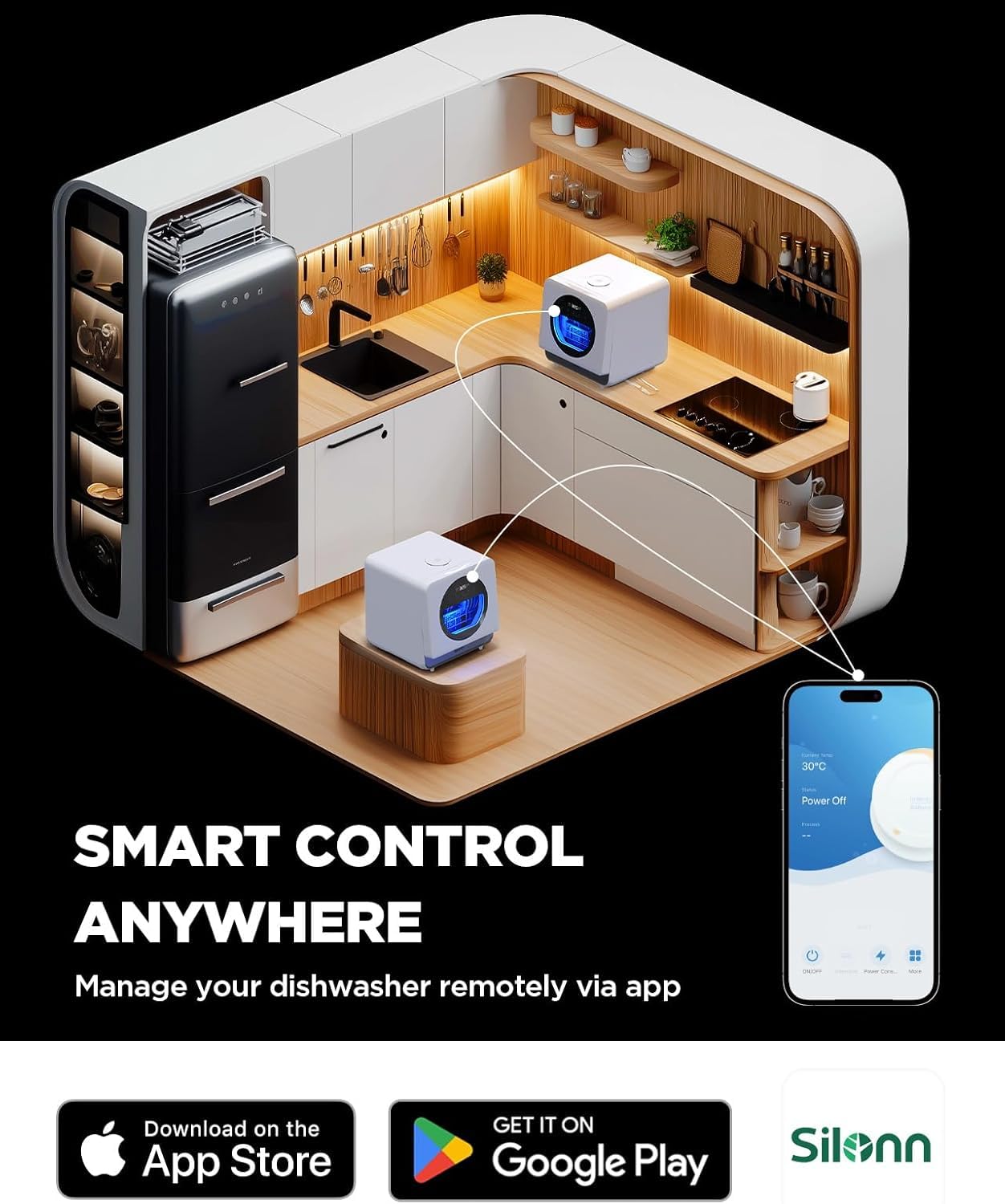 Silonn Portable Countertop Dishwasher with App Control, Mini Dishwasher with 5L Water Tank for Apartments/RVs No Hookup Needed, Dish washer with 8 Wash Programs 4 Place Settings Auto Air Dry