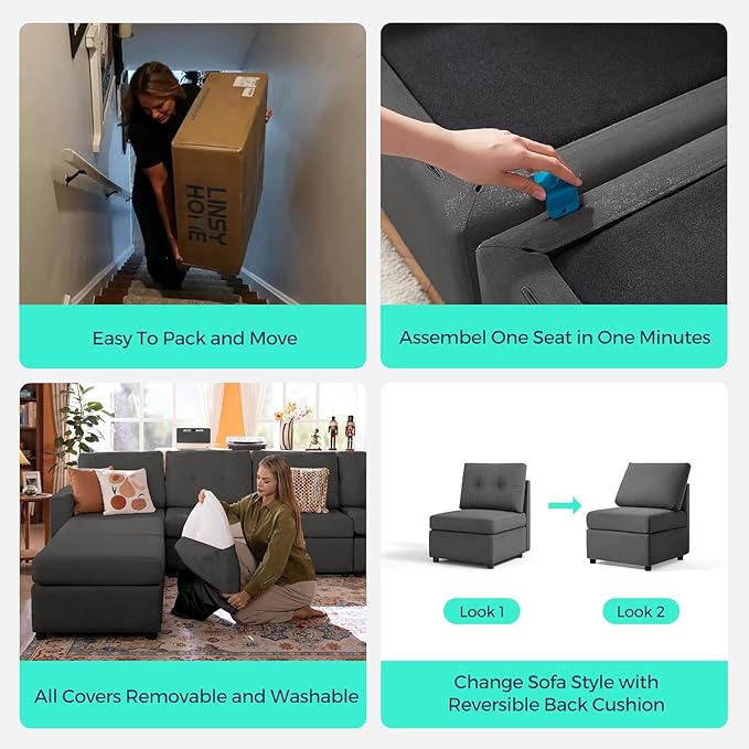 LINSY HOME Modular Sectional Sofa Oversized, Rubik III Removable Cover Living Room Couches with Storage Deep Seat & Ottoman Chaise L/U Shaped Sofa Modern Couch (Dark Grey)