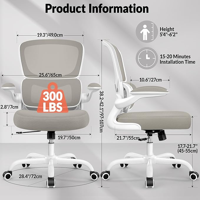 BESTFAIR Office Chair Ergonomic Desk Chair, Breathable Mesh Comfy Chair with Lumbar Support, Computer Chair, Home Desk Chair with Flip-up Armrests, Gaming Chair for Adults Home Office (LightGray)