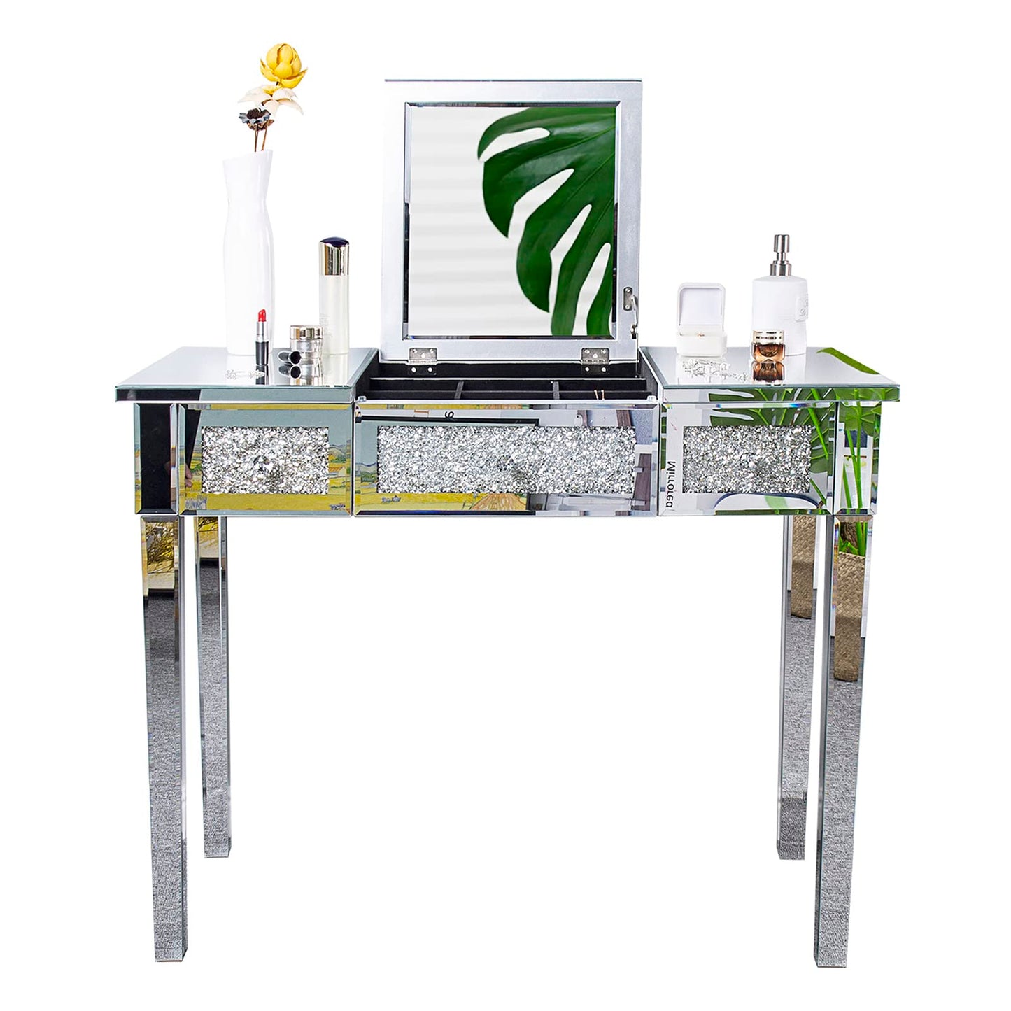 VINGLI Mirrored Vanity Desk With Drawers and Flip Mirror, Glass Table, Silver Makeup Desk for Bedroom/Makeup Room