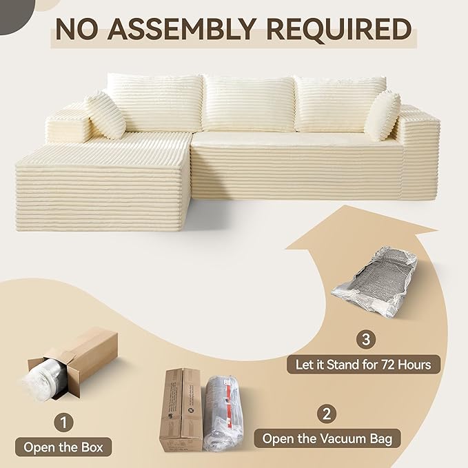 UMBFUN 110" Cloud Sectional Couch for Living Room, Boneless Couch with L-Shape Chaise, Modular Sectional Sofa with Deep Seat, Oversized Modular Sofa for Bedroom, No Assembly Required, Corduroy