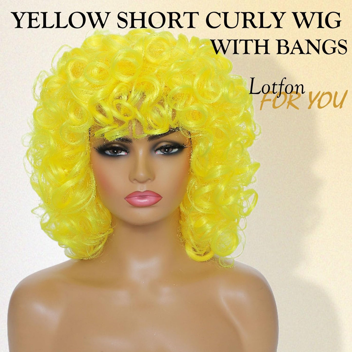 Lotfon Curly Wig for Black Women Full and Soft Gold Hoop Earring+2Wig Cap+Comb+2Beauty Blenders (Yellow)