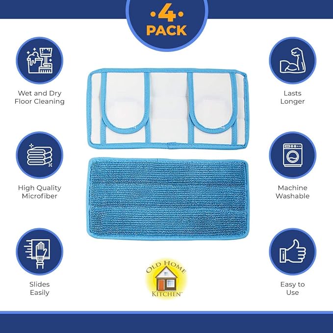 Microfiber Reusable Mop Pad | Durable Machine Washable Floor Cleaning Pads | Swiffer Compatible Dry Mop Pads (4 Pack)
