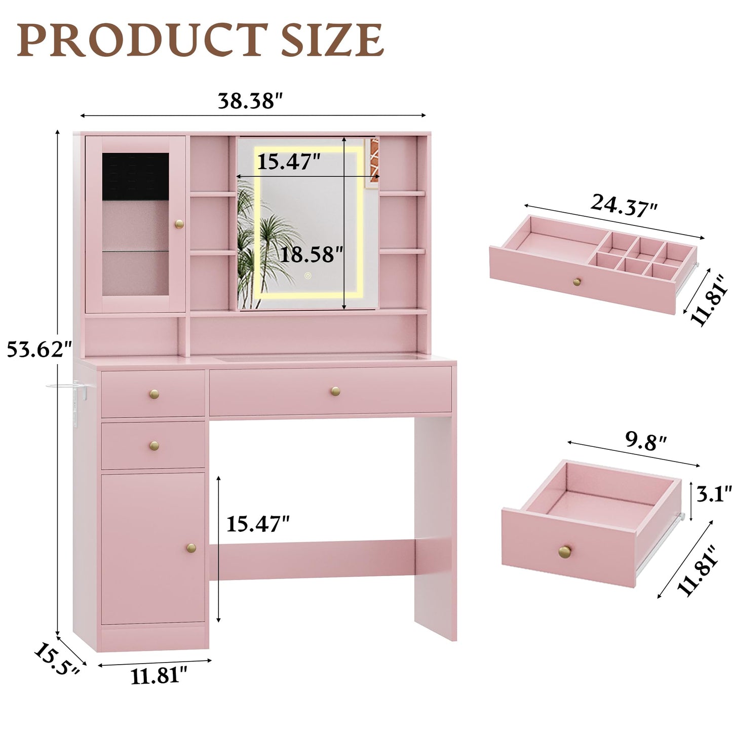 yesasin Vanity Desk with Mirror and Lights Makeup Vanity Desk with Lights 3 Colors 38" Dressing Table with Drawer and Cabinet for Bedroom Transparent Glass Top Power Outlet for Bedroom Pink