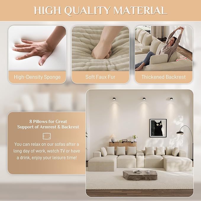 Modular Sectional Sofa with USB Cup Holders Storage, 143" U Shaped Cloud Couch Plush Corduroy Deep Seat Boneless Sofas with Double Chaise Lounge Memory Foam Couches for Living Room - Beige White