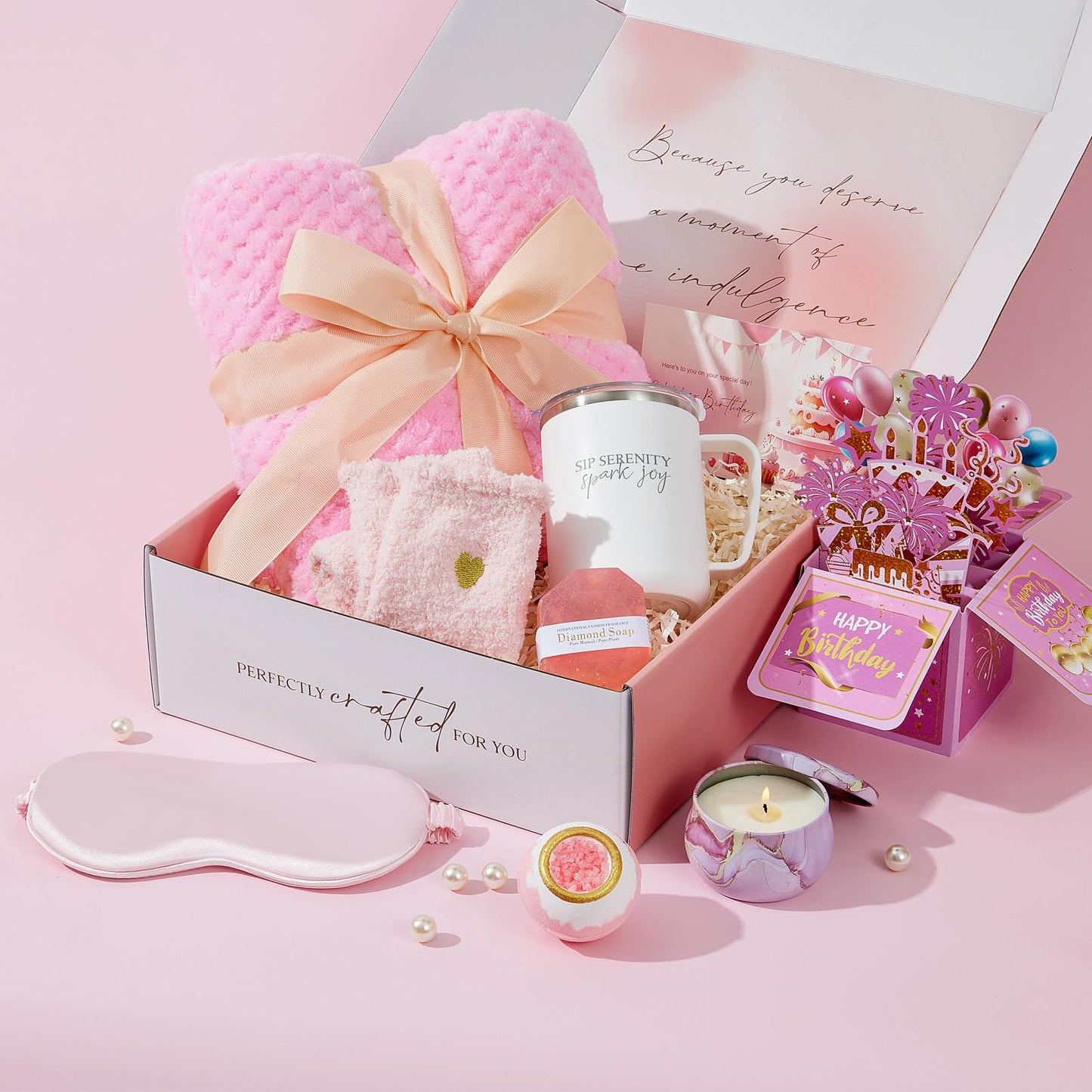 Birthday Gifts For Women Rose Relaxing Spa Gifts Basket 21st 40th 50th Happy Birthday Box for Mom Her Wife Best Friend Sister Grandma Daughter Bestie Aunt Pop Up Card Flannel Blanket Thinking of You