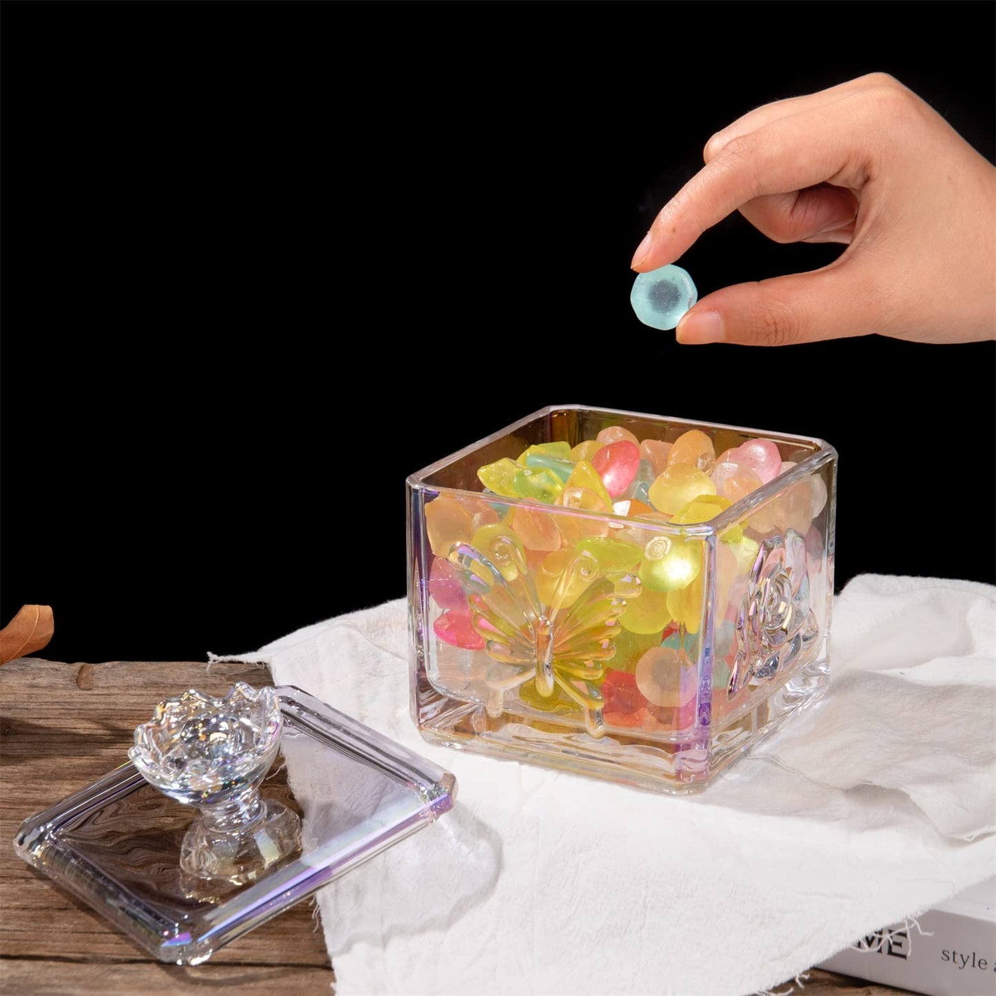 LWXPAIYY Iridescent Glass Candy Dish with Lid,Small Cute Irised Clear Embossed Glass Candy Jar with Lid,Candy Dishes Bowl with Lids,Crystal Decorative Candy Dish Jar for Office Desk(Iridescent)