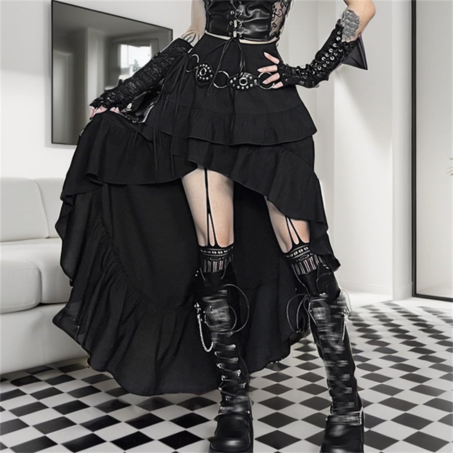 Twfsgirl Goth Long Maxi Skirts Women Y2k Black High Low Punk Emo Ruffle Tiered