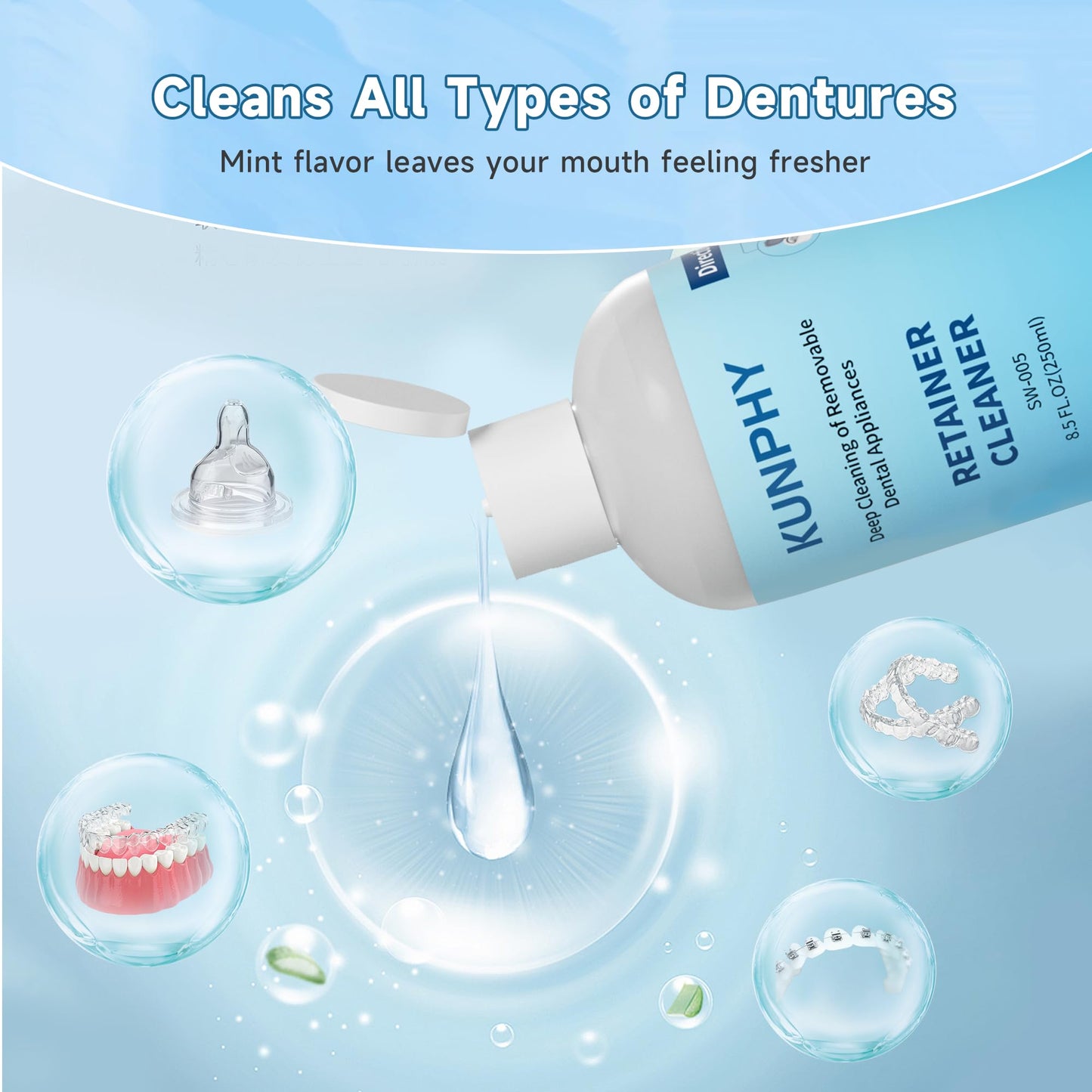 2 Pack Ultrasonic Retainer Cleaner Solution for Sonic Denture Cleaner-Professional Cleaning of Retainers, Invisible Aligners, Mouth Guards, Night Guards, Remove Odors, Discoloration & Stains 8.5oz