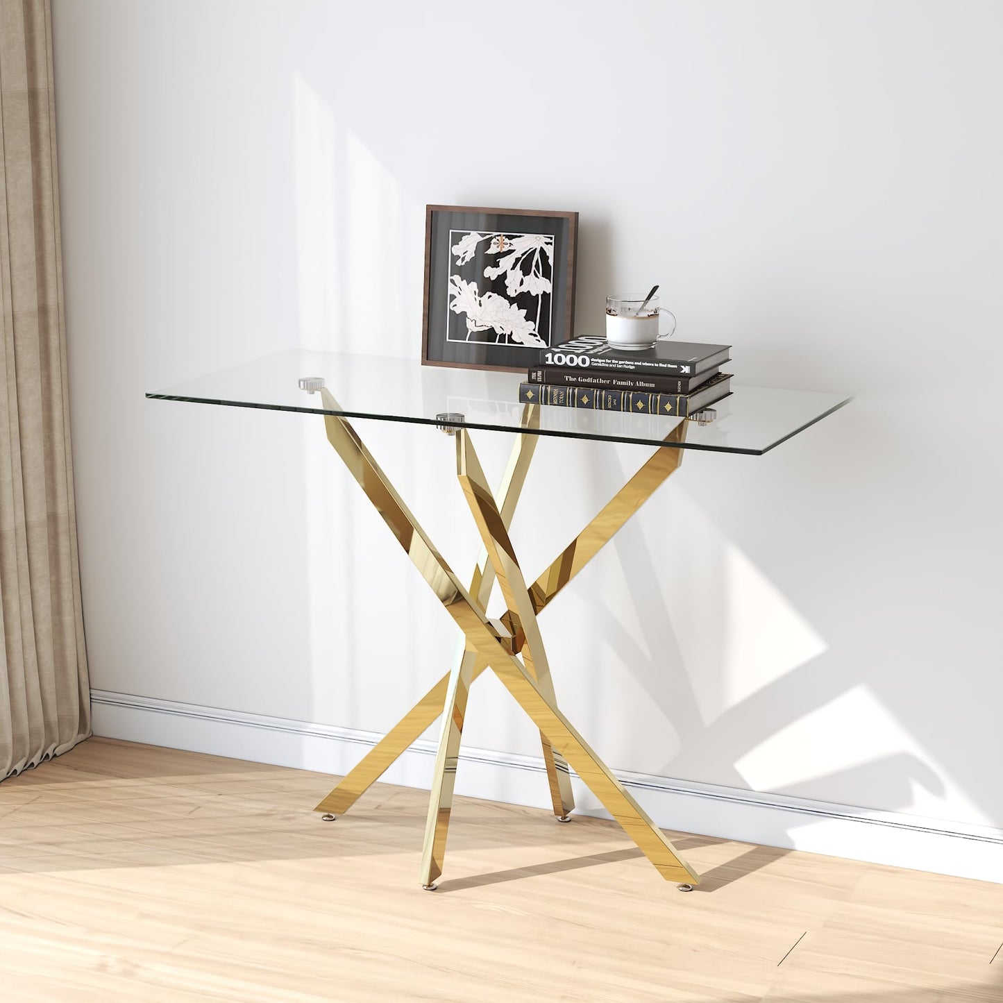 NIERN Tempered Glass Console Table with Chromed Legs, Modern Narrow Sofa Table for Hallway Entryway (Gold, 39"x18"x30")