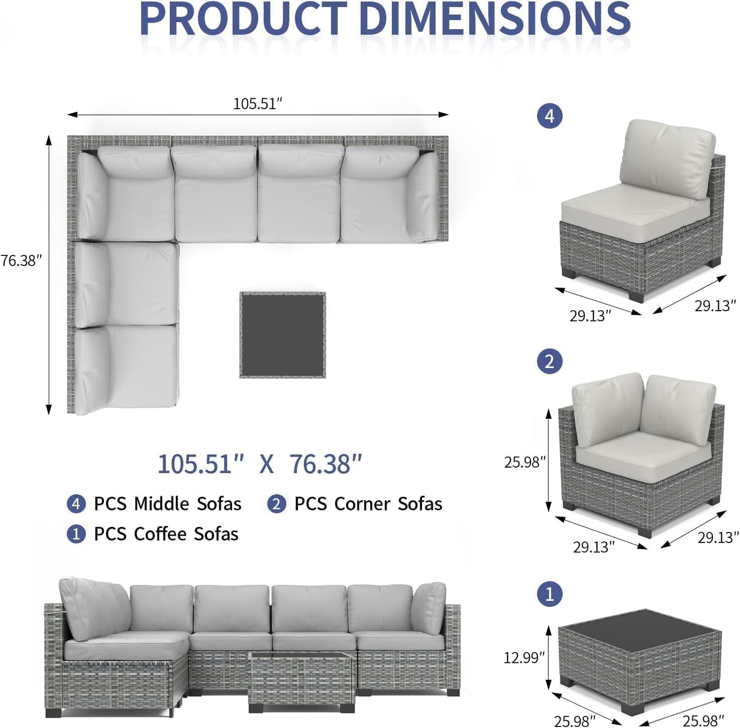 Patio Furniture Set, 7 Pieces Outdoor Sectional Sofa Set with Dining Table & Thickened Cushions, All-Weather PE Wicker Patio Furniture for Garden Lawn Deck, Grey & Blue