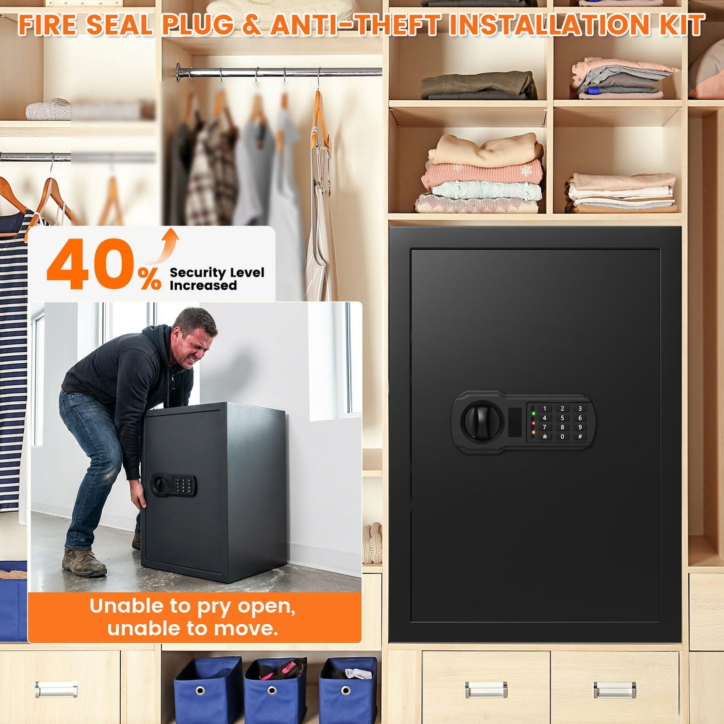19.7"H Fireproof Safe for Home Ducument, 35Lbs Fire Home Safe Box with Fire Insulation & Backup Combination Lock, Heavy Duty Security Safe for Cash Passport Valuable Firearm, Anti-Theft Wall Mountable