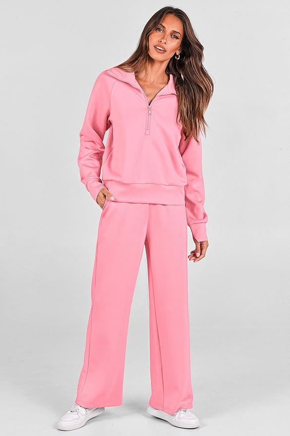 PRETTYGARDEN Women's 2 Piece Outfits Casual Lapel Half Zip Sweatshirts and Wide Leg Pants Tracksuit Sets