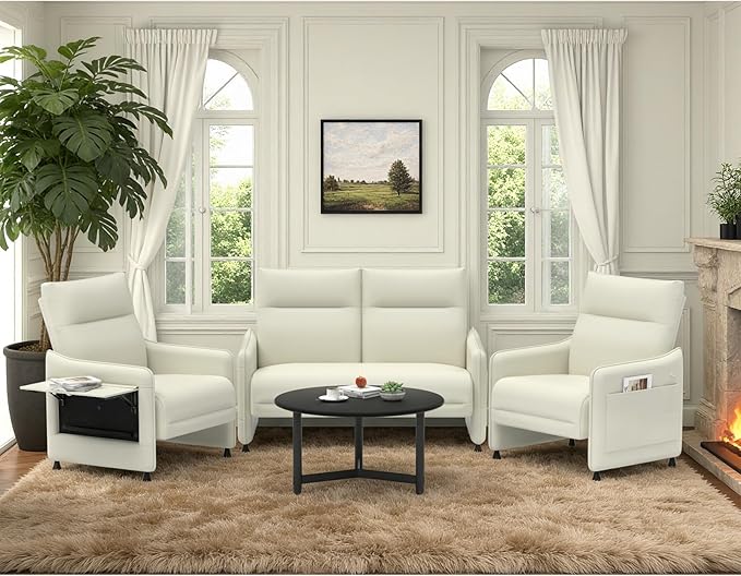 Tbillionnext 3-Piece Living Room Sofa Set, Faux Leather Loveseat & Accent Chairs Set of 2 with Hidden Foldable Tray & Side Pocket, Rear Contour Arm Design, Upholstered Sofa Set for Office, Beige