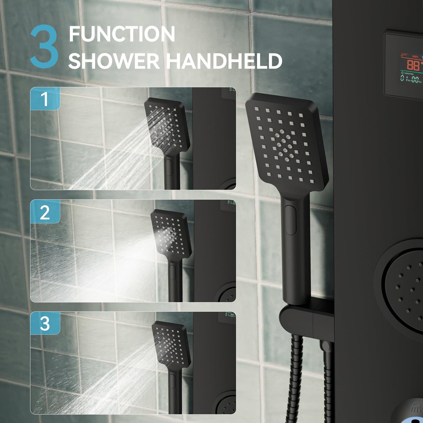 BATHLAVISH 5 in 1 Black Shower Panel Tower System With Storage Shelf, 304 Stainless Steel Shower Tower with Rainfall Shower Handheld and Tub Spout, Powerful Body Jets, Wall-Mounted Shower Set