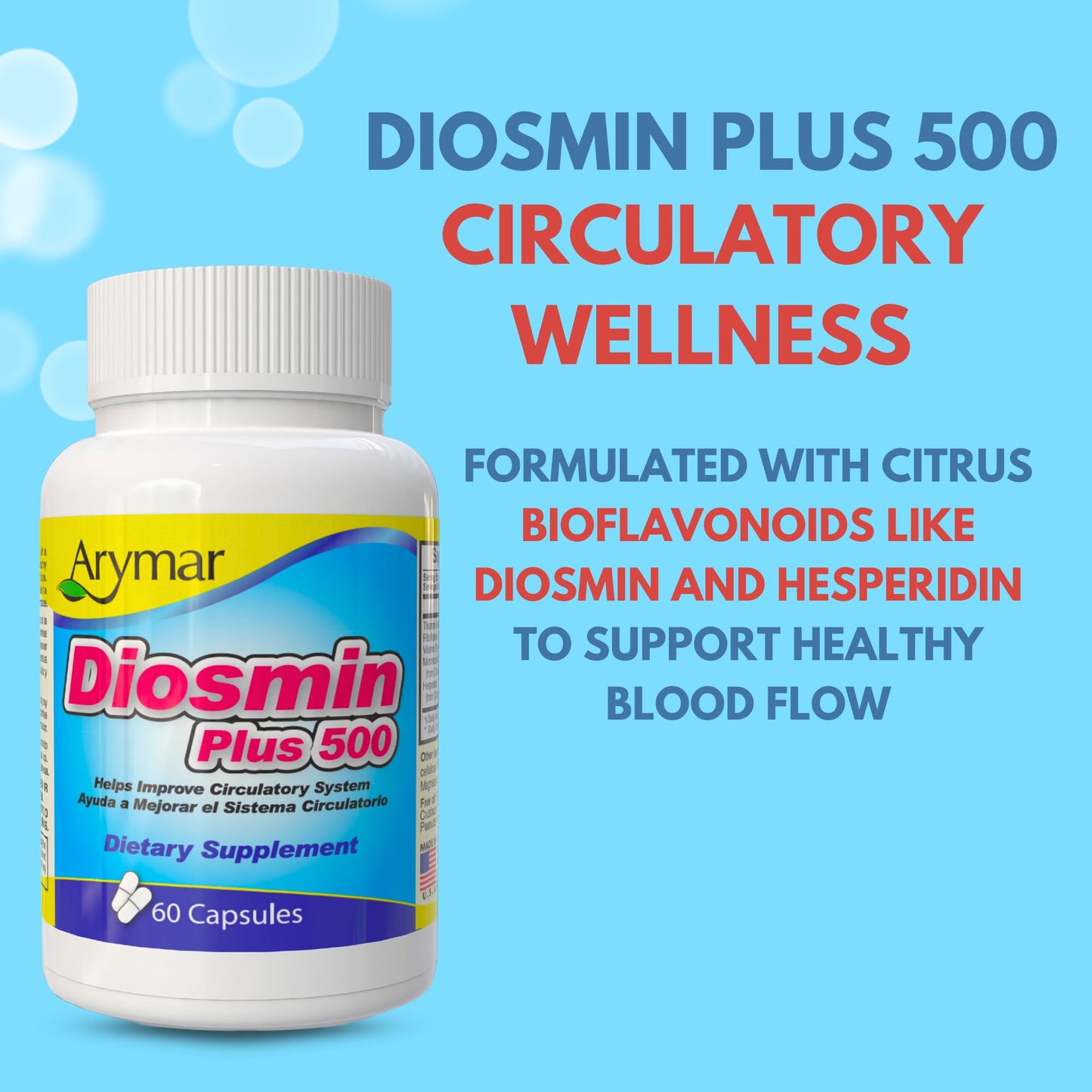 ARYMAR Diosmin Plus 500 mg + 200 mg Hesperidin + B‑Complex – Circulatory Support Supplement for Healthy Veins & Blood Flow, 60  Capsules