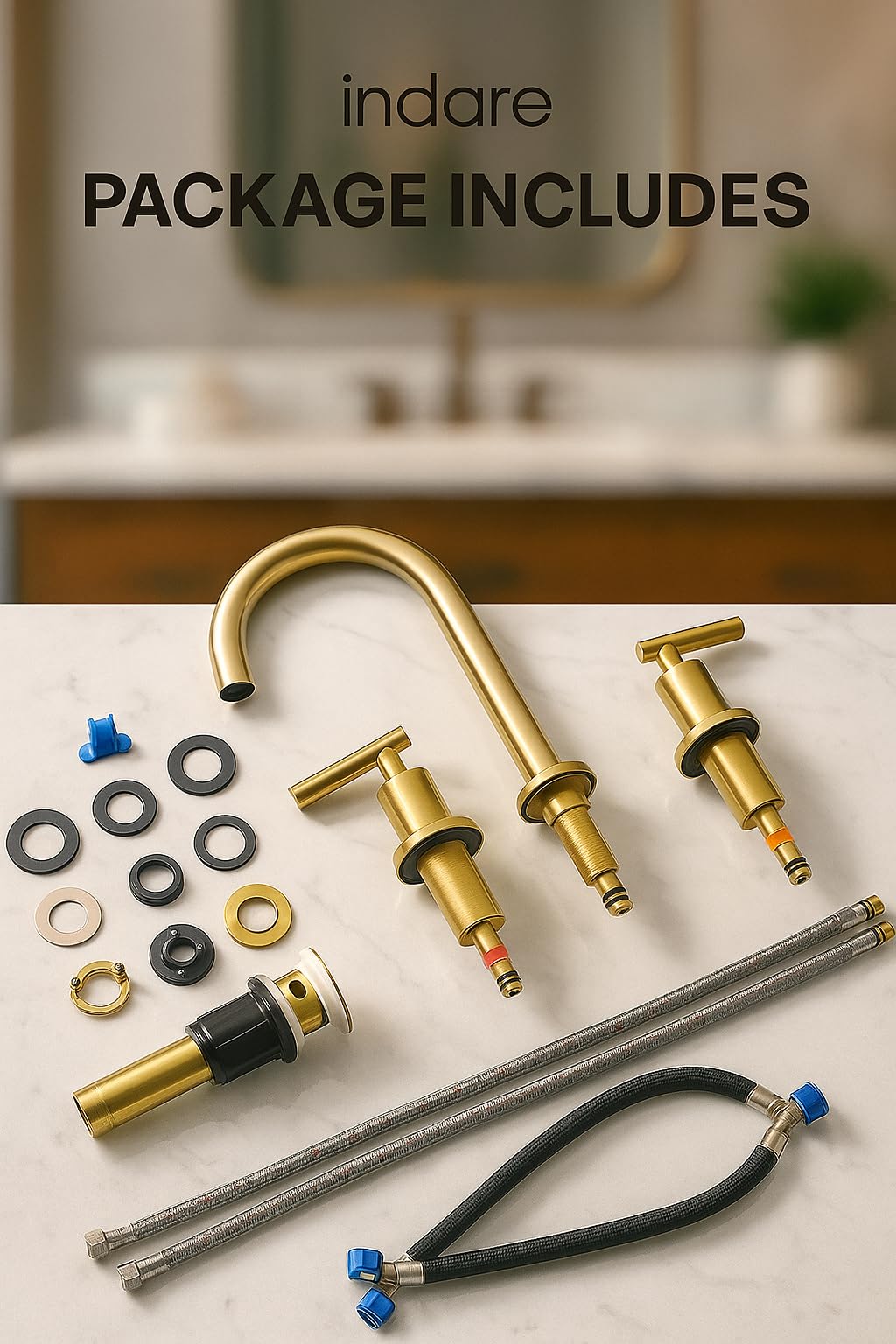 Brushed Gold Bathroom Faucet, Indare Two Handles 360° Swivel Spout Widespread 4Inch 8Inch Brass Bathroom Sink Faucet 3 Hole with Pop-Up Drain and Water Supply Lines, Upgraded Style