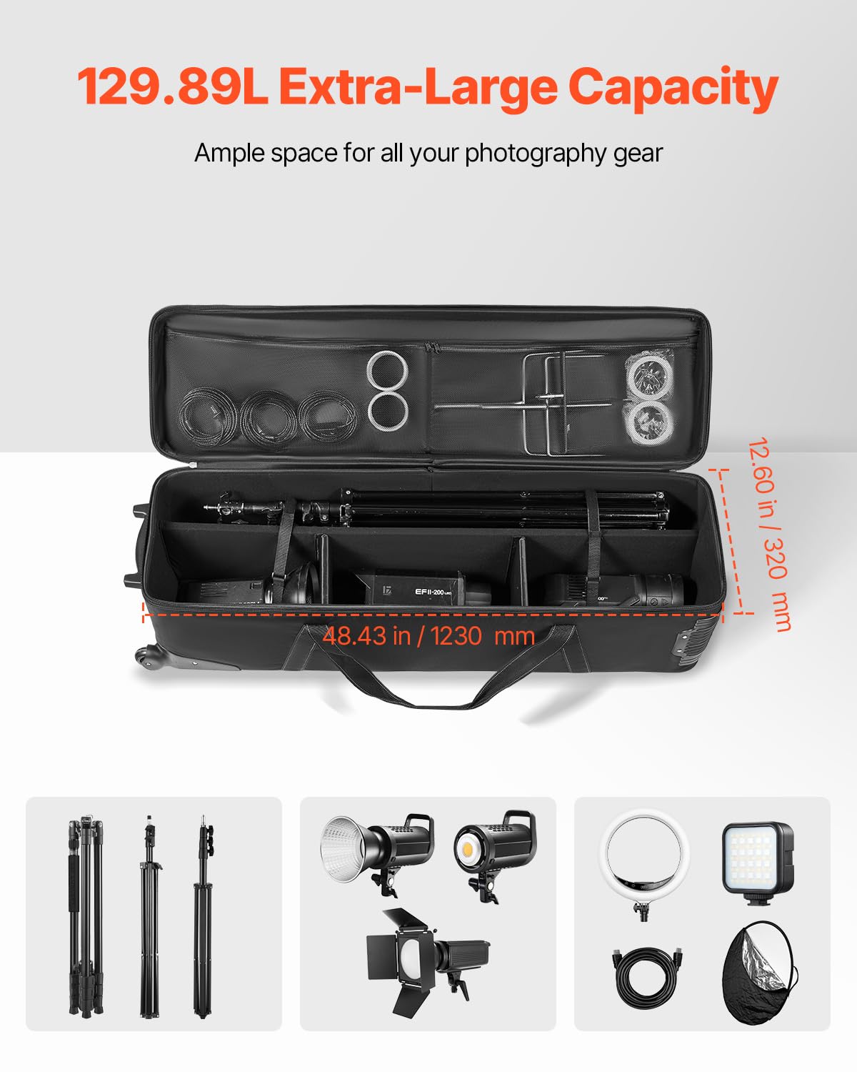 Vevor Studio Equipment Trolley Case, 51.57 X 14.37 X 14.96 In / 131 X 36.5 X 38 Cm, Rolling Camera Bag, Carrying Bag With Wheels