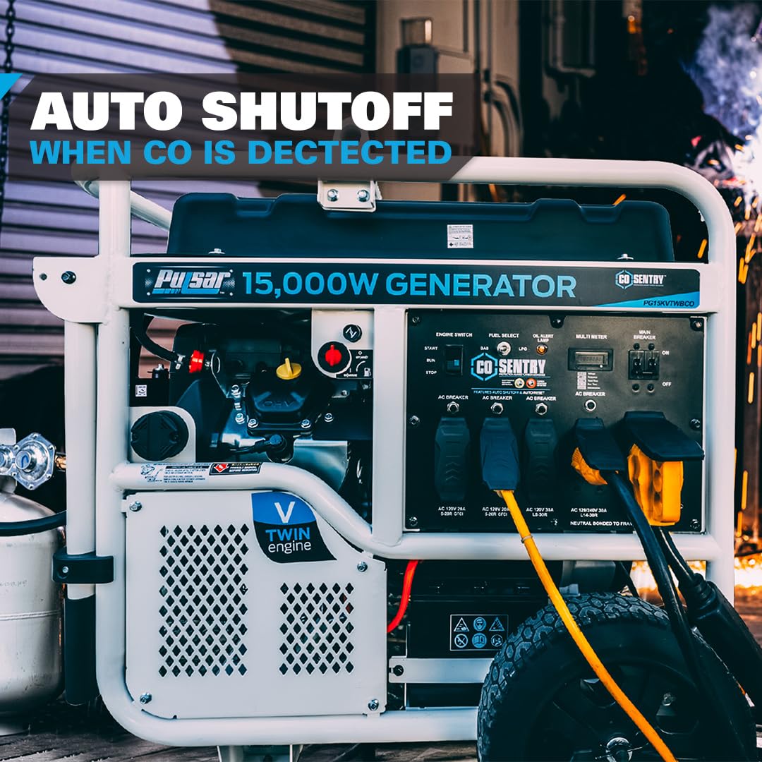 Pulsar PG15KVTWBCO 15,000W Dual Fuel Portable Generator, Gas or Propane, CO Sentry, 713cc V-Twin Engine, Electric Start, 50A Outlet
