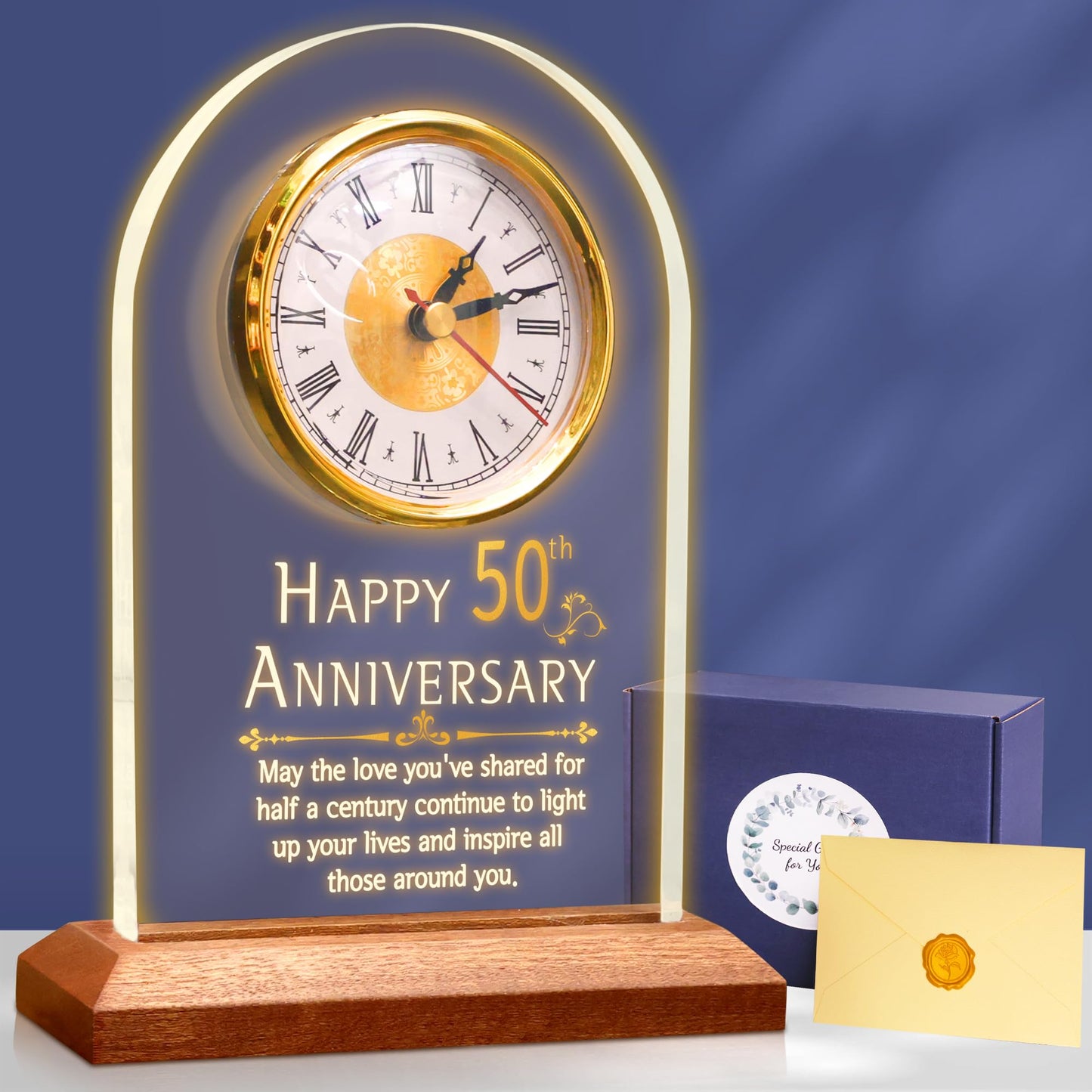 OkiyiD 50th Anniversary Wedding Gift, Anniversary Quartz Clock, Desk Table Clock, 50 Years of Marriage, Golden Wedding for Couple, Parents, Grandparents (Wooden Base with LED Light)