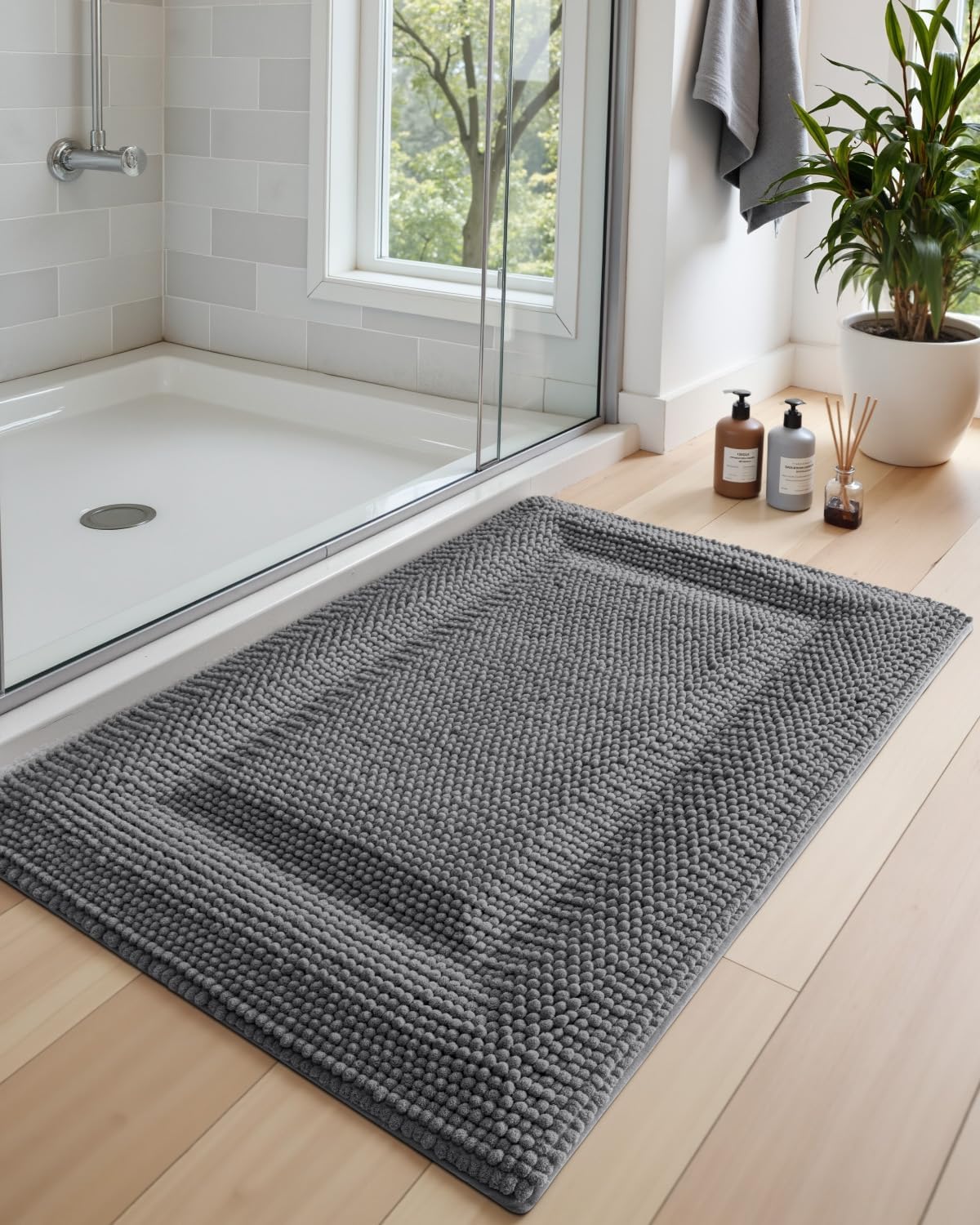 DEXI Bath Mats for Bathroom 24x36, Non Slip Washable Bathroom Rug, Thick Soft Chenille Absorbent Bathmat for Shower Floor, Fluffy Shaggy Carpet for Tub, Grey