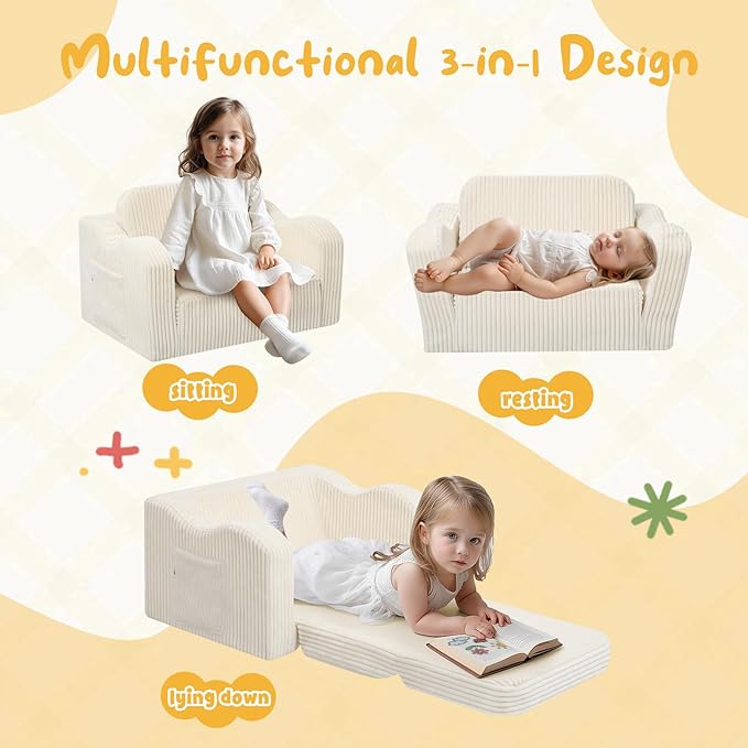 MeMoreCool Toddler Chair 2‑in‑1 Foldable Kids Couch Bed, Beige (Ages 1‑3) – Corduroy Lounge Chair That Pulls Out into Sofa‑Bed | High‑Density Foam, Machine‑Washable Cover for Little Ones