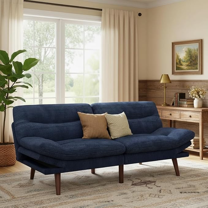 Marsail Futon Sofa Bed, 66” Futon Couch with Adjustable Backrest & Armrests, Convertible Small Sleeper Sofa Bed for Small Apartments, Study Room, Office, Corduroy Loveseat, Blue
