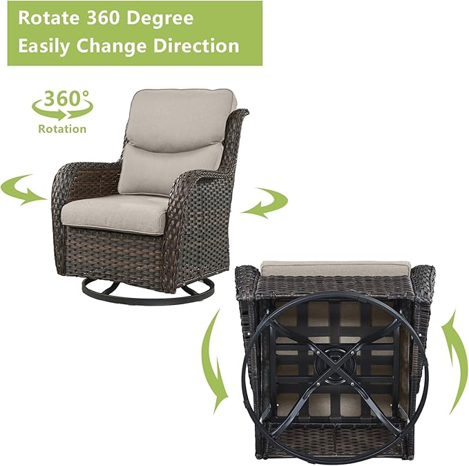 Rilyson Wicker Rocking Chair Swivel Chairs - 3 Piece Rocker Patio Furniture Set Rattan Rocking Bistro Sets with Glass Top Side Table for Outdoor Porch Deck Garden Backyard (Brown/Beige/Smile)