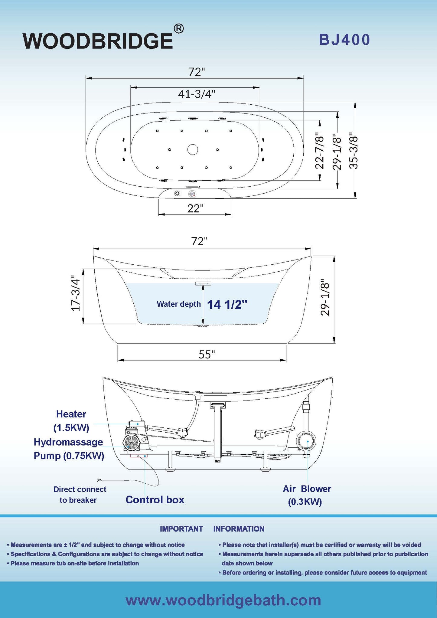 WOODBRIDGE 72" x 35-3/8" Whirlpool Water Jetted and Air Bubble Freestanding Heated Soaking Combination Bathtub with LED control panel , BJ400