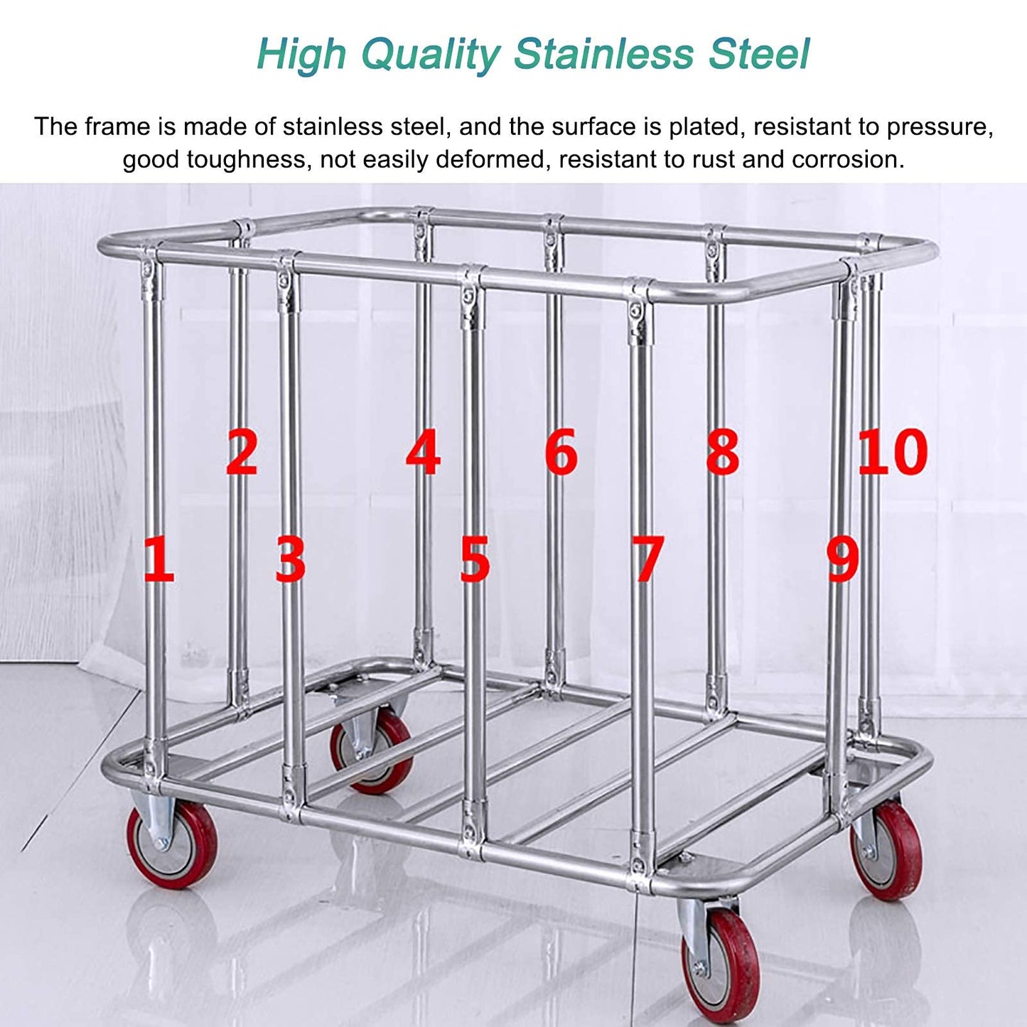 WANGKENSU Commercial Heavy Duty Large Laundry Hamper Sorter Cart with 6 Cloth Bag & 5 Inch Wheels, Stainless Steel & Oxford Cloth, Max Load 150kg (Blue) (Beige)