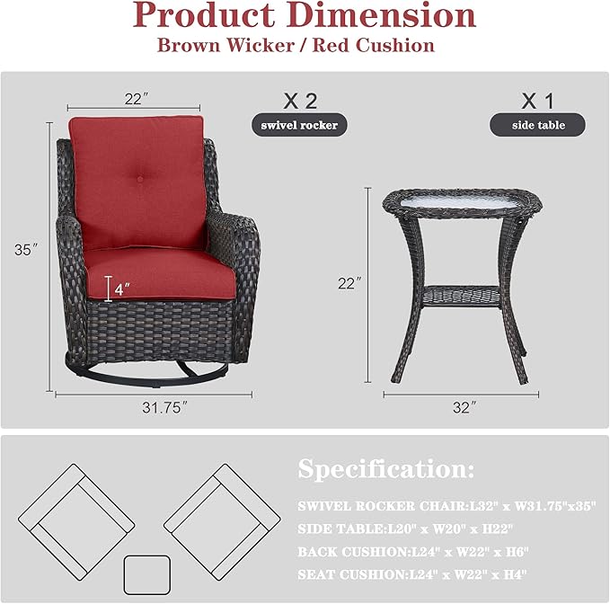 Belord Outdoor Swivel Rocker Patio Chairs - 3 Piece Outdoor Bistro Set Wicker Patio Rocking Chairs Set of 2 with Side Table, 360 Degree Swivel Glider Seating for Porch Balcony Deck Brown/Red