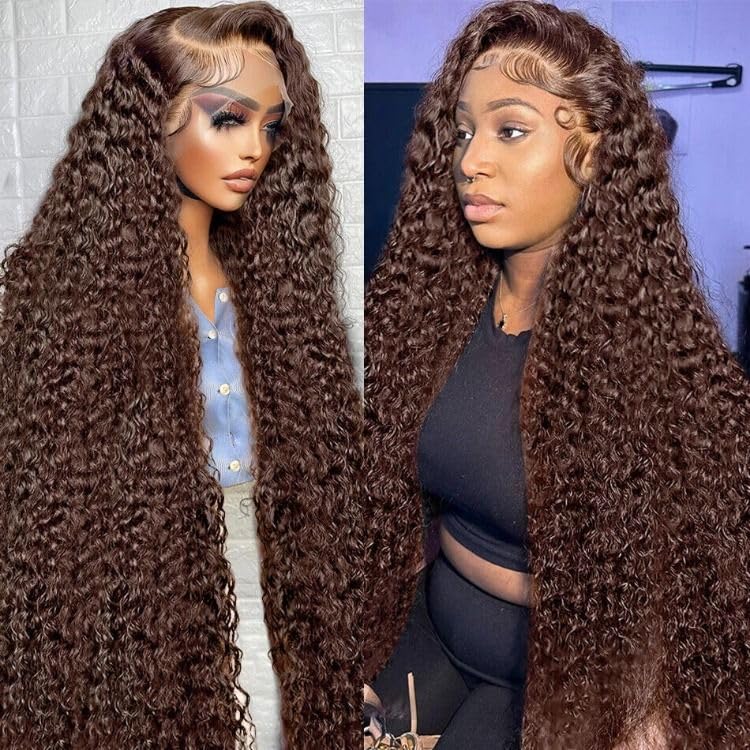 ABSFWIW 34" Chocolate Brown Lace Front Wig - Human Hair, 200% Density, 13x6 Deep Wave, Pre Plucked with Baby Hair