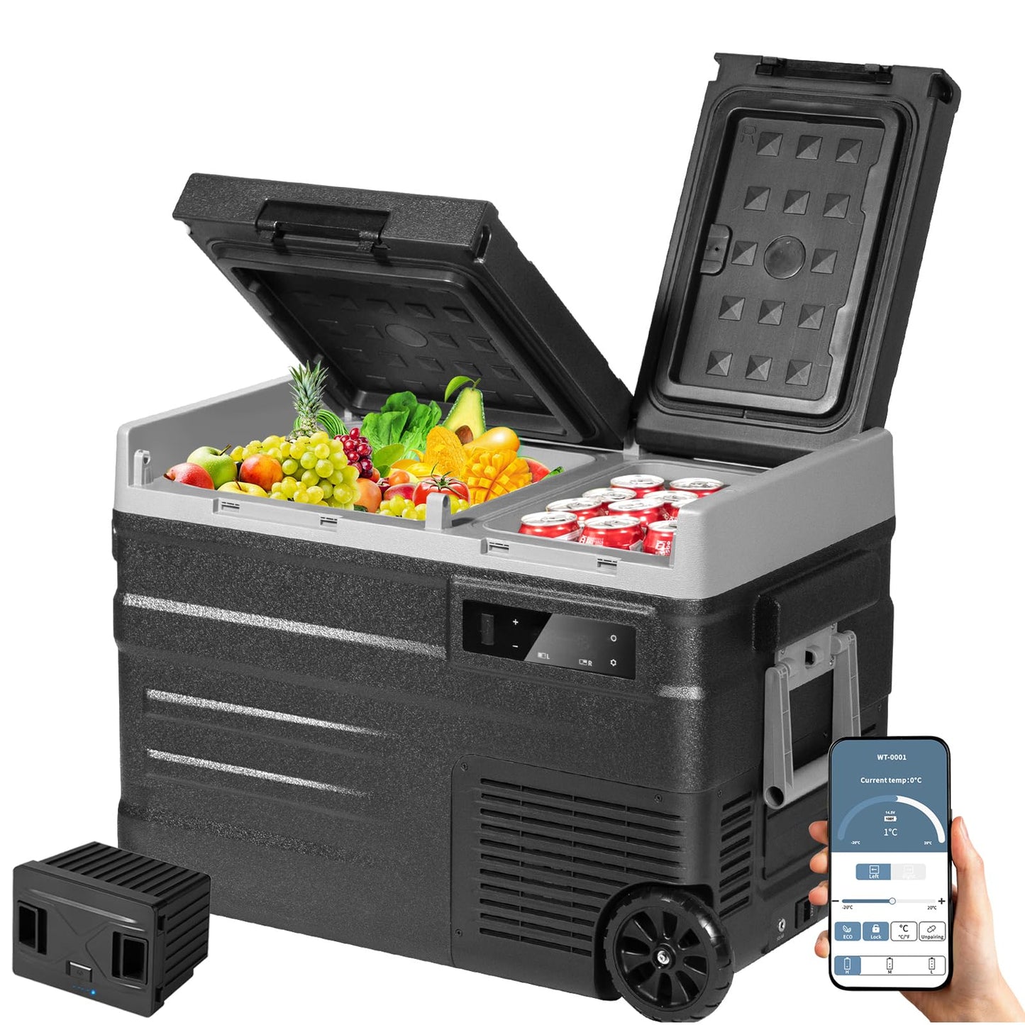 ELECAENTA 12V Refrigerator with Battery, 43qt Dual Zone, Support DC/AC/Solar/Battery Powered, Portable Car Fridge Freezer -4℉~68℉, Electric Cooler for Vehicles Camping Travel Fishing Road Trips